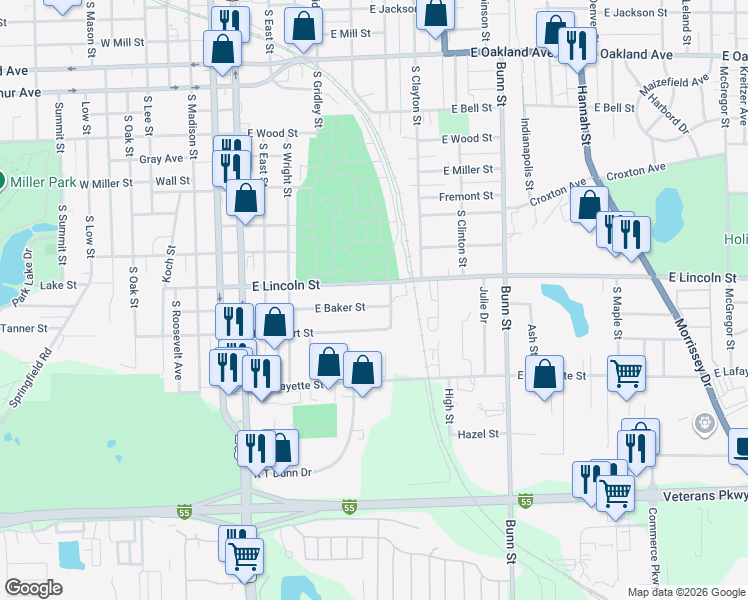 map of restaurants, bars, coffee shops, grocery stores, and more near 339 East Baker Street in Bloomington