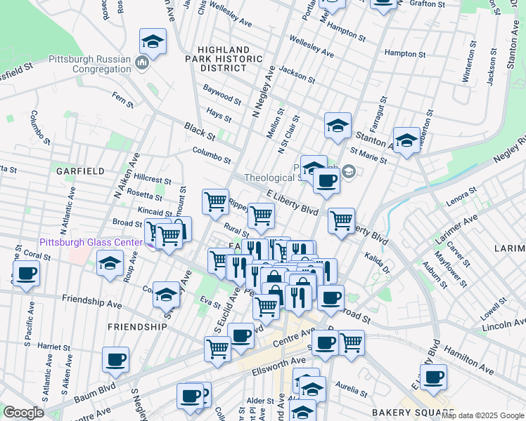 map of restaurants, bars, coffee shops, grocery stores, and more near 5800 Rippey Street in Pittsburgh
