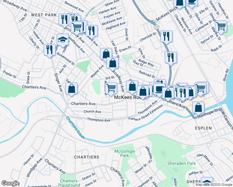 map of restaurants, bars, coffee shops, grocery stores, and more near 1015 1st Street in McKees Rocks