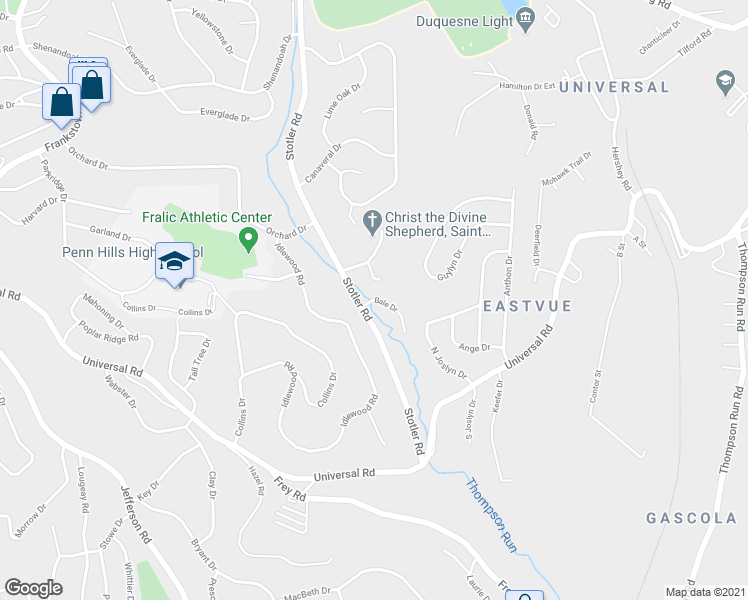 map of restaurants, bars, coffee shops, grocery stores, and more near 190 Bale Drive in Penn Hills