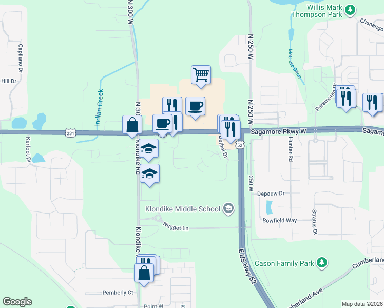 map of restaurants, bars, coffee shops, grocery stores, and more near 2731 Wyndham Court in West Lafayette