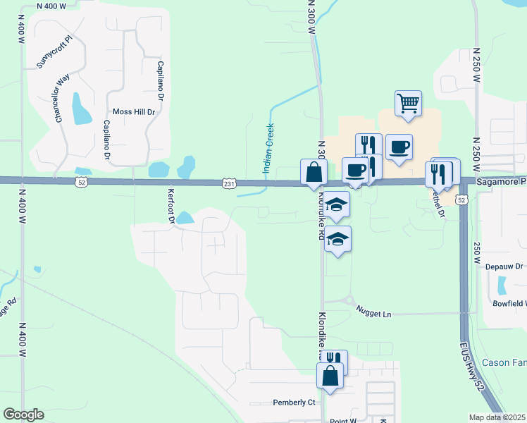 map of restaurants, bars, coffee shops, grocery stores, and more near 3151 Chapelgate Way in West Lafayette