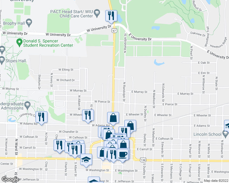 map of restaurants, bars, coffee shops, grocery stores, and more near 703 North Lafayette Street in Macomb