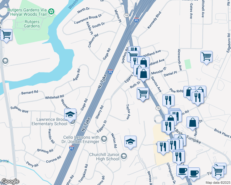 map of restaurants, bars, coffee shops, grocery stores, and more near 26 Eggers Street in East Brunswick