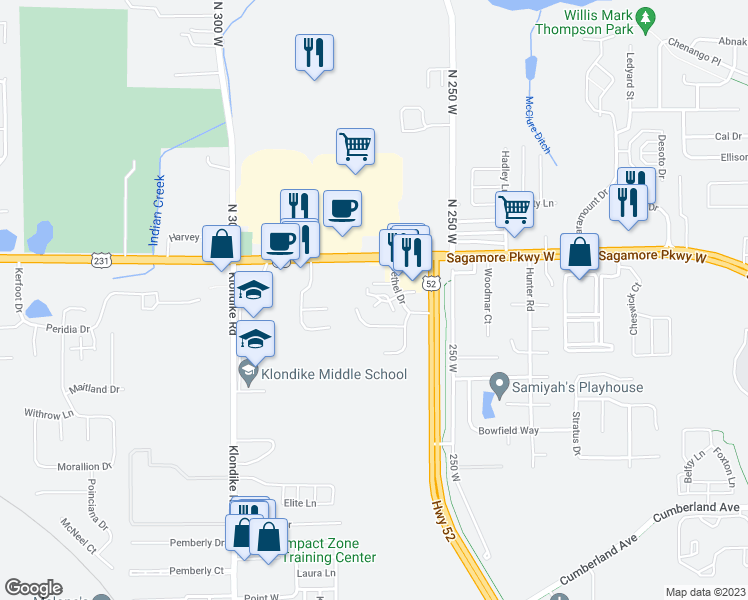 map of restaurants, bars, coffee shops, grocery stores, and more near 3522 Bethel Drive in West Lafayette