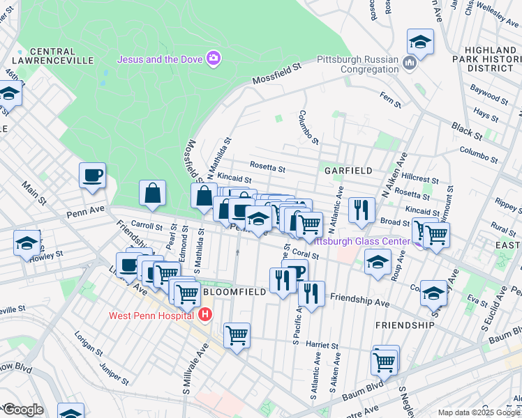 map of restaurants, bars, coffee shops, grocery stores, and more near 118 North Winebiddle Street in Pittsburgh