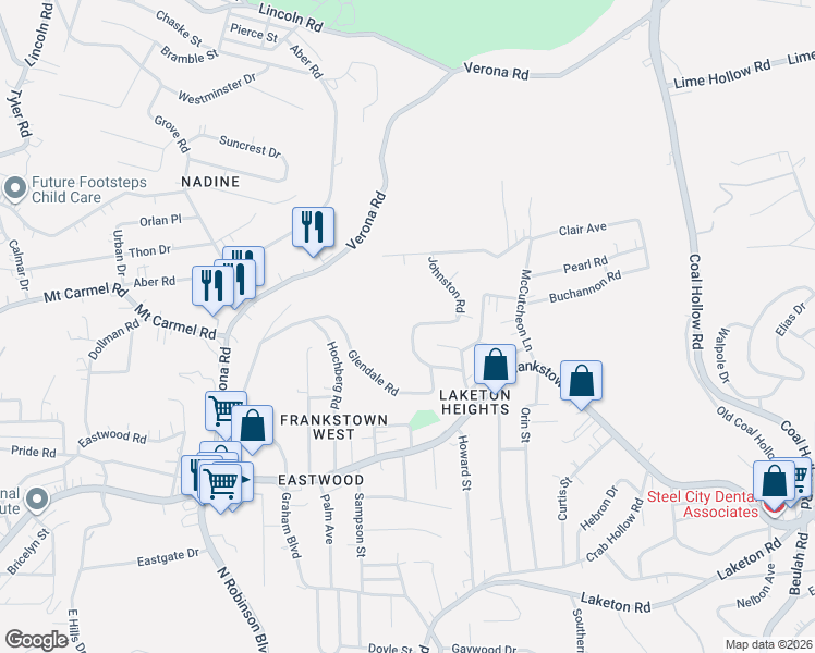 map of restaurants, bars, coffee shops, grocery stores, and more near 204 Johnston Road in Pittsburgh