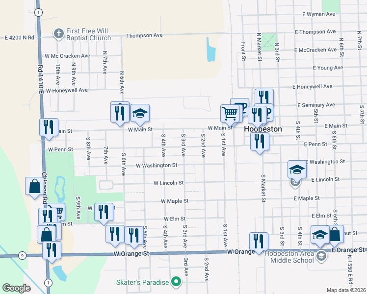 map of restaurants, bars, coffee shops, grocery stores, and more near 300 South 3rd Avenue in Hoopeston