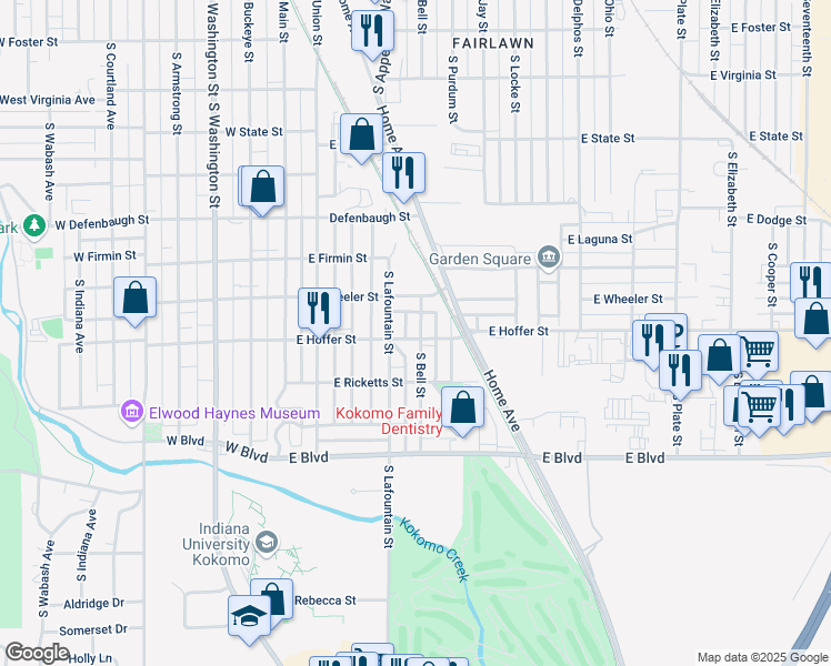 map of restaurants, bars, coffee shops, grocery stores, and more near 1735 South Bell Street in Kokomo