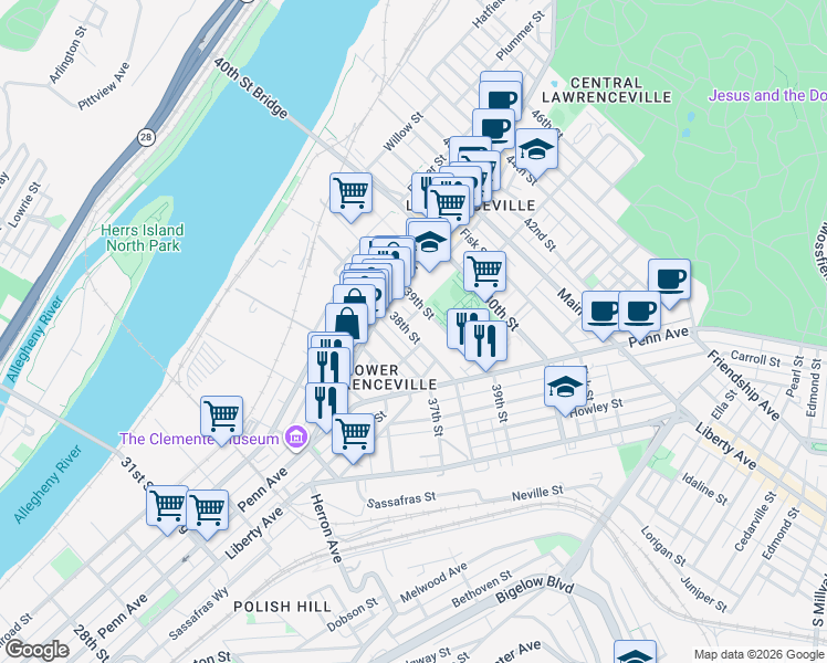 map of restaurants, bars, coffee shops, grocery stores, and more near 237 37th Street in Pittsburgh