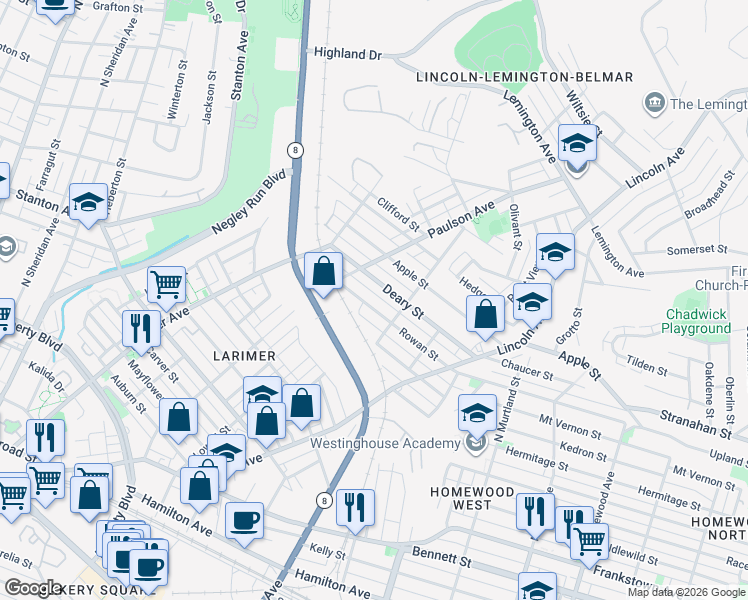 map of restaurants, bars, coffee shops, grocery stores, and more near 6562 Rowan Street in Pittsburgh