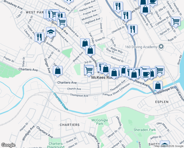 map of restaurants, bars, coffee shops, grocery stores, and more near 1101 Zinkhan Street in McKees Rocks
