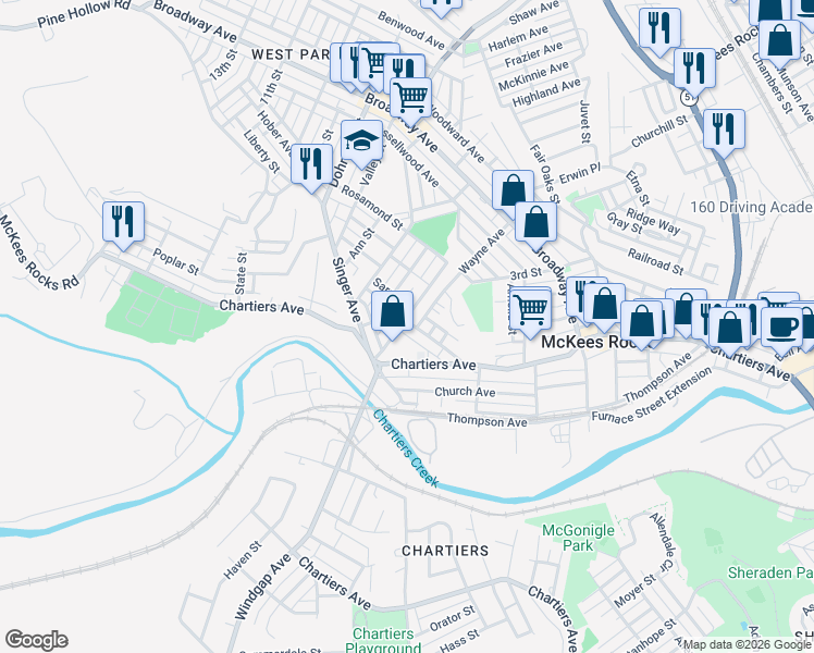 map of restaurants, bars, coffee shops, grocery stores, and more near 1242 Chartiers Avenue in McKees Rocks