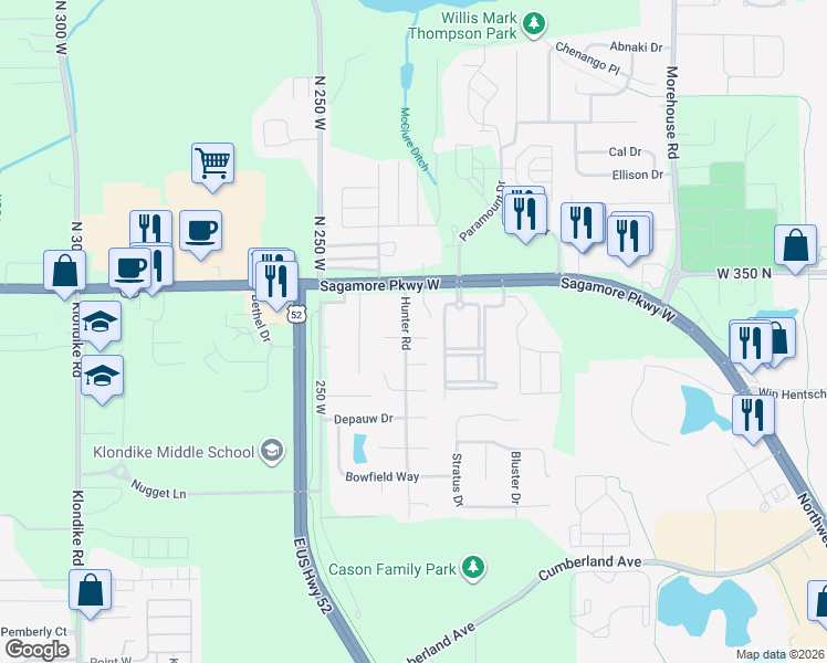 map of restaurants, bars, coffee shops, grocery stores, and more near 3323 Hunter Road in West Lafayette