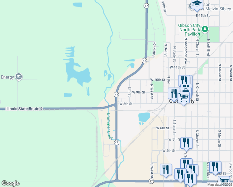 map of restaurants, bars, coffee shops, grocery stores, and more near 628 West 8th Street in Gibson City