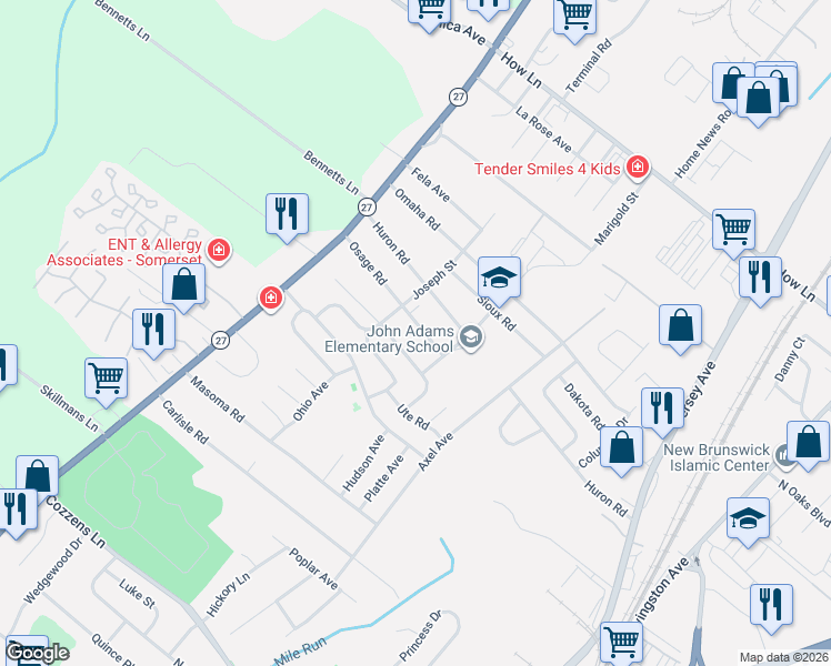 map of restaurants, bars, coffee shops, grocery stores, and more near 1380 Seminole Road in North Brunswick Township