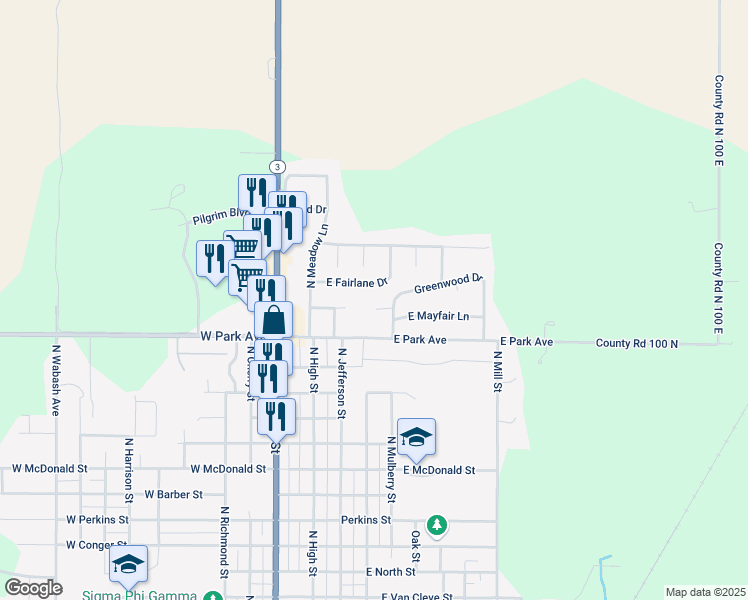 map of restaurants, bars, coffee shops, grocery stores, and more near 111 East Park Avenue in Hartford City