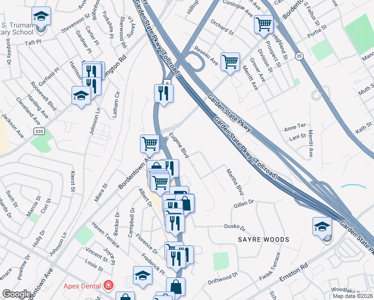 map of restaurants, bars, coffee shops, grocery stores, and more near 10 Eugene Boulevard in South Amboy