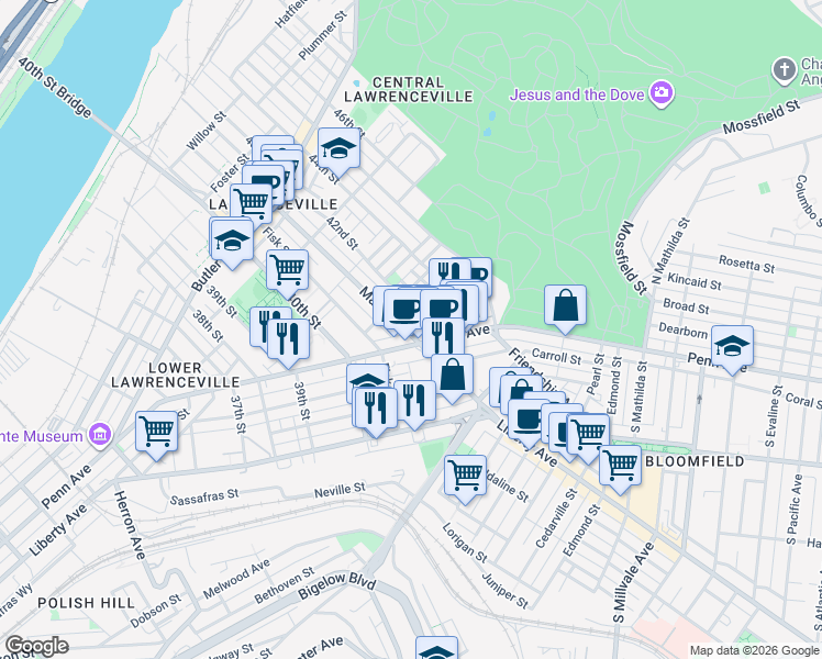 map of restaurants, bars, coffee shops, grocery stores, and more near 4063 Penn Avenue in Pittsburgh