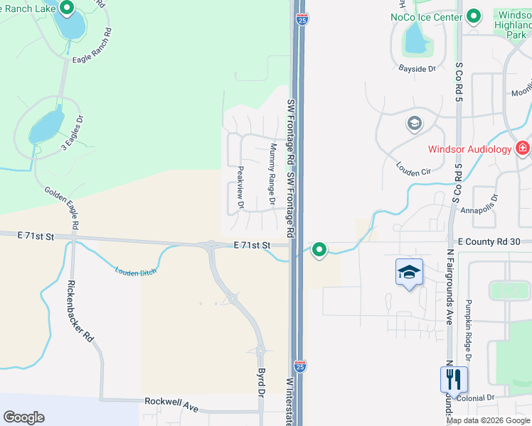 map of restaurants, bars, coffee shops, grocery stores, and more near 8508 Audubon Court in Fort Collins