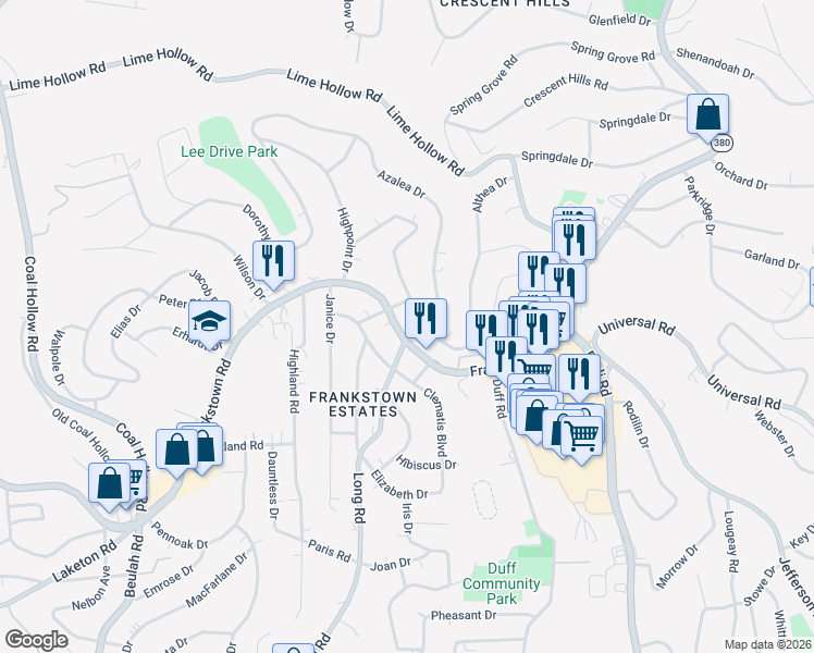 map of restaurants, bars, coffee shops, grocery stores, and more near 11507 Frankstown Road in Pittsburgh