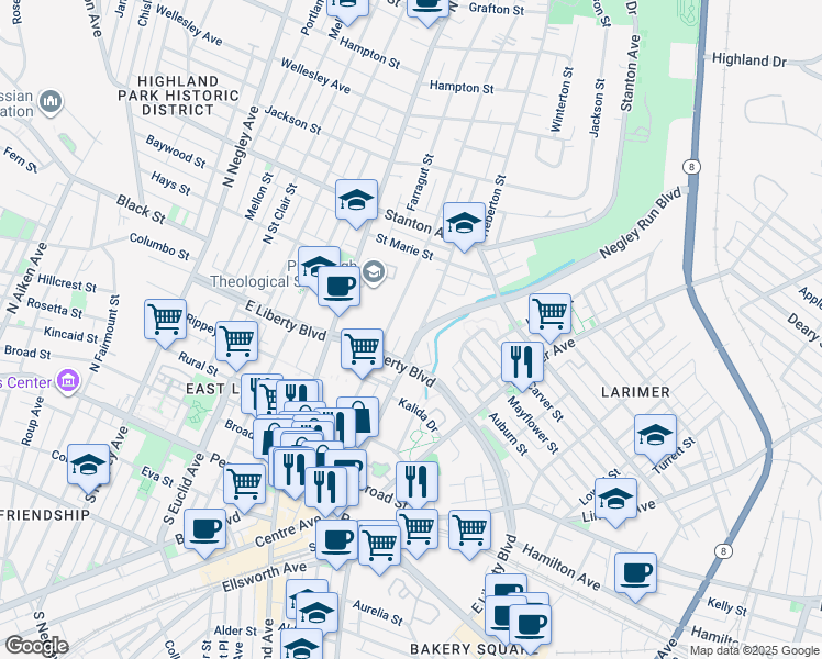 map of restaurants, bars, coffee shops, grocery stores, and more near 6123 East Liberty Boulevard in Pittsburgh