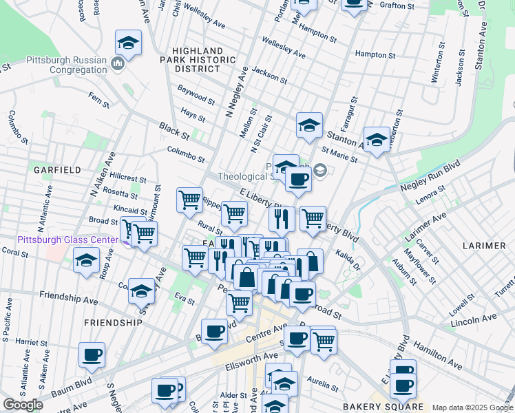map of restaurants, bars, coffee shops, grocery stores, and more near 414 North Beatty Street in Pittsburgh