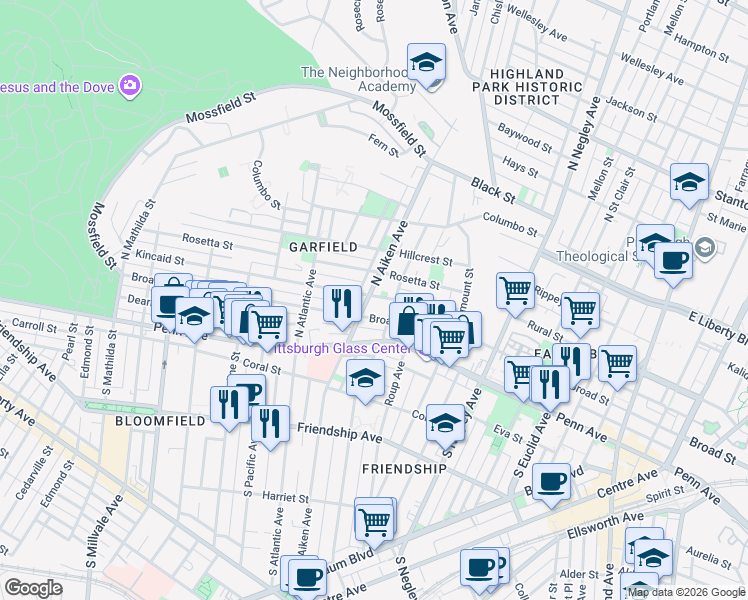 map of restaurants, bars, coffee shops, grocery stores, and more near 5422 Broad Street in Pittsburgh