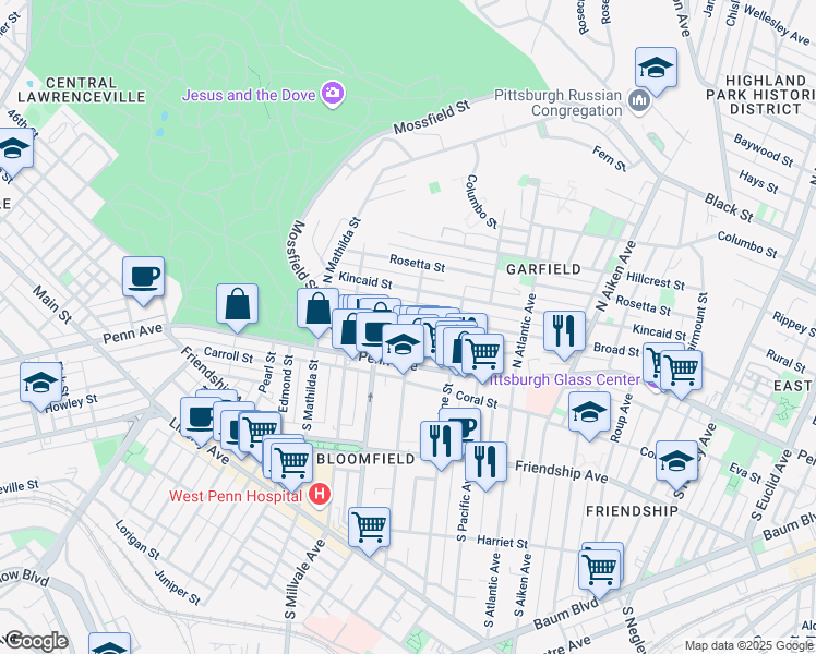 map of restaurants, bars, coffee shops, grocery stores, and more near 118 North Winebiddle Street in Pittsburgh