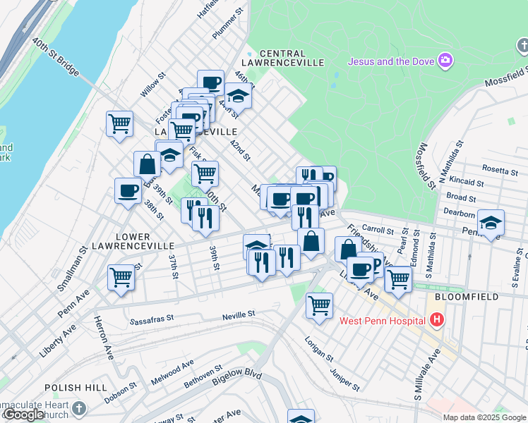 map of restaurants, bars, coffee shops, grocery stores, and more near in Pittsburgh