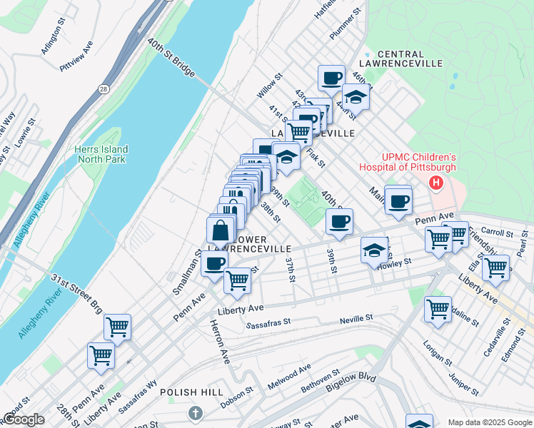 map of restaurants, bars, coffee shops, grocery stores, and more near 237 37th Street in Pittsburgh