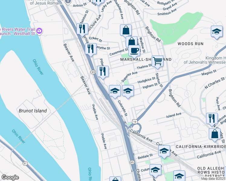 map of restaurants, bars, coffee shops, grocery stores, and more near 2454 Colorado Street in Pittsburgh