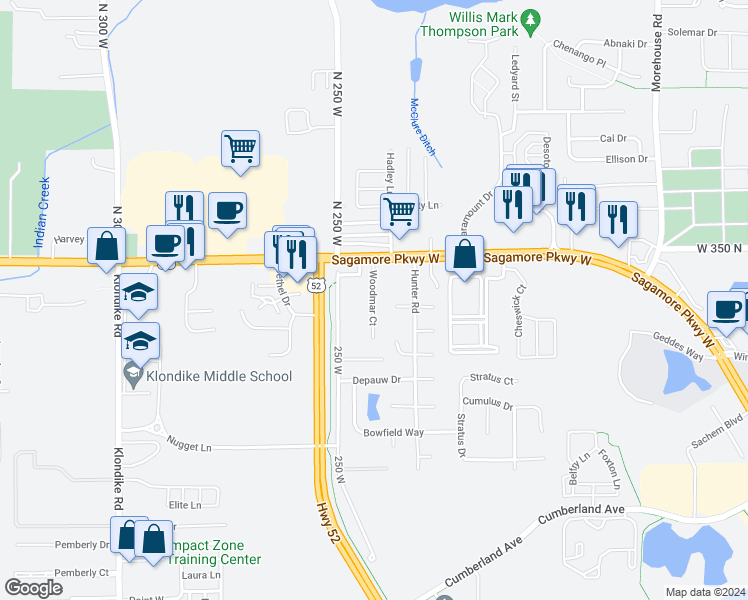 map of restaurants, bars, coffee shops, grocery stores, and more near 2312 Centennial Court West in West Lafayette