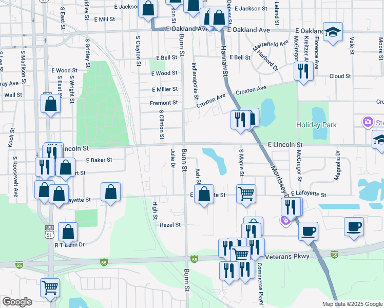 map of restaurants, bars, coffee shops, grocery stores, and more near 1504 Bunn Street in Bloomington
