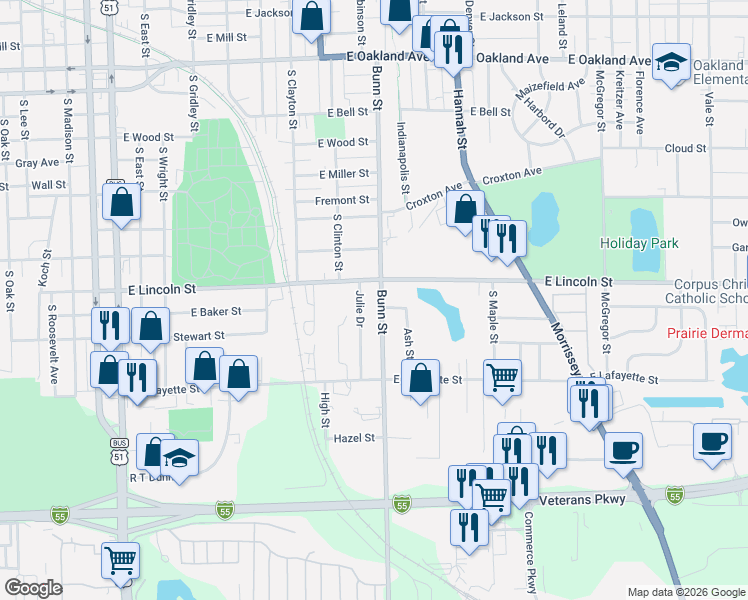 map of restaurants, bars, coffee shops, grocery stores, and more near 1504 Bunn Street in Bloomington