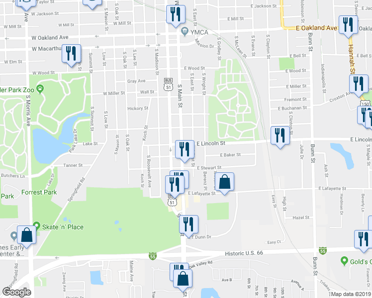 map of restaurants, bars, coffee shops, grocery stores, and more near 1410 South East Street in Bloomington