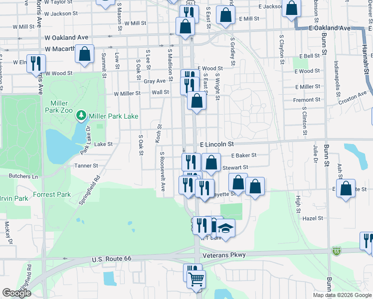 map of restaurants, bars, coffee shops, grocery stores, and more near 1409 South Main Street in Bloomington