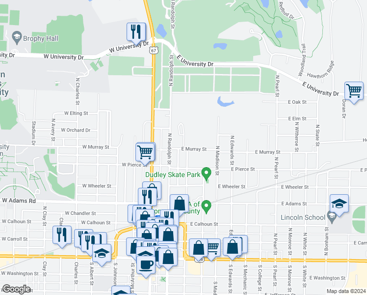 map of restaurants, bars, coffee shops, grocery stores, and more near 705 North Campbell Street in Macomb