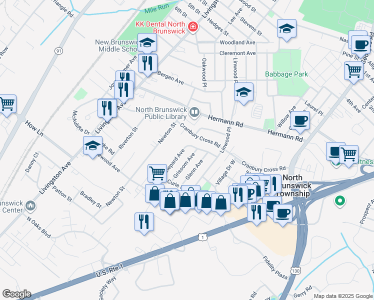 map of restaurants, bars, coffee shops, grocery stores, and more near 942 Grissom Avenue in North Brunswick Township