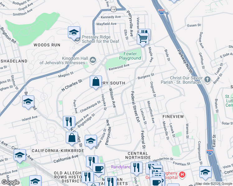 map of restaurants, bars, coffee shops, grocery stores, and more near in Pittsburgh