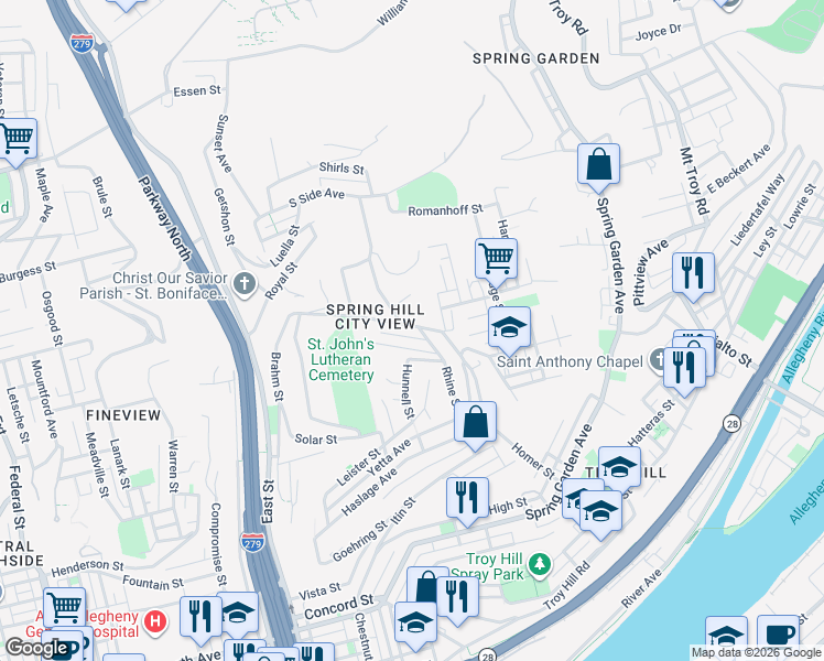 map of restaurants, bars, coffee shops, grocery stores, and more near 1155 Buente Street in Pittsburgh