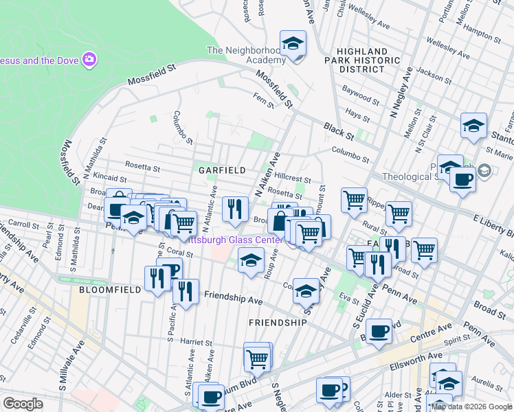 map of restaurants, bars, coffee shops, grocery stores, and more near 5422 Broad Street in Pittsburgh