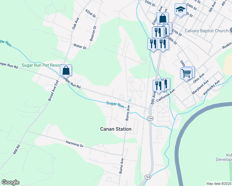 map of restaurants, bars, coffee shops, grocery stores, and more near 735 Sugar Run Road in Altoona