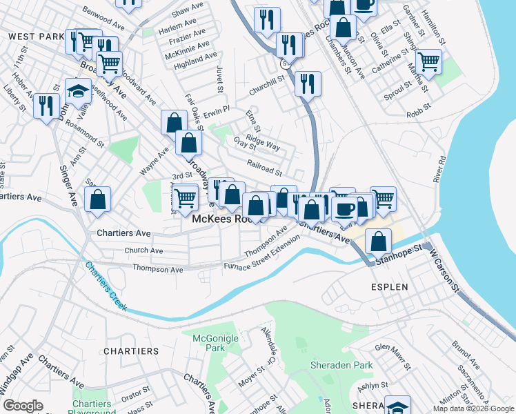 map of restaurants, bars, coffee shops, grocery stores, and more near 755 Chartiers Avenue in McKees Rocks