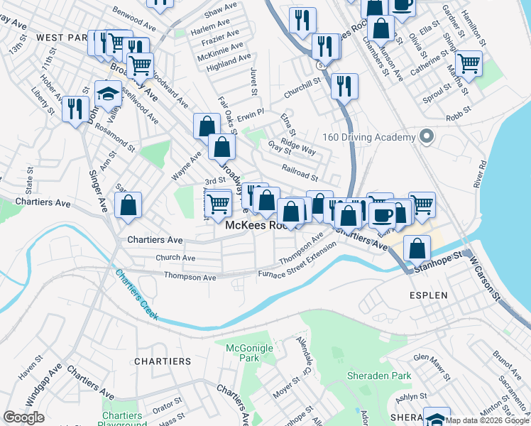 map of restaurants, bars, coffee shops, grocery stores, and more near in McKees Rocks