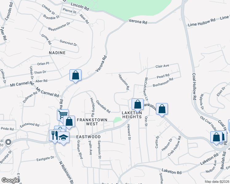 map of restaurants, bars, coffee shops, grocery stores, and more near 204 Johnston Road in Pittsburgh