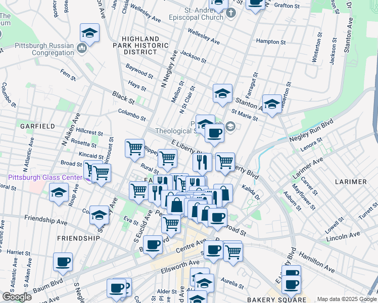 map of restaurants, bars, coffee shops, grocery stores, and more near 414 North Beatty Street in Pittsburgh
