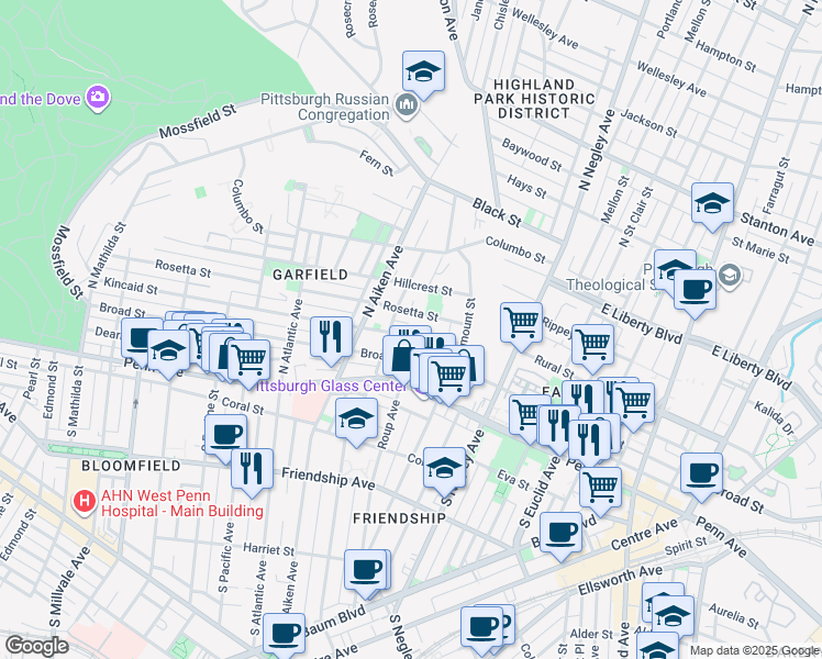 map of restaurants, bars, coffee shops, grocery stores, and more near 5463 Broad Street in Pittsburgh