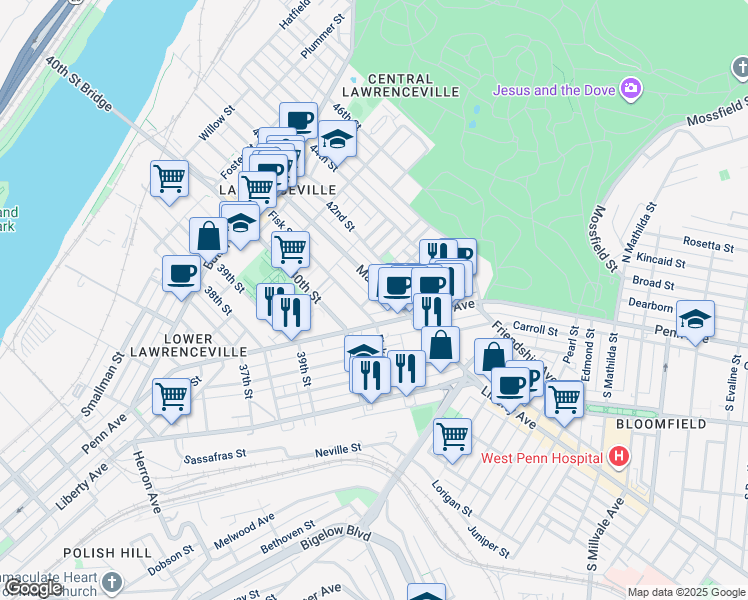 map of restaurants, bars, coffee shops, grocery stores, and more near in Pittsburgh