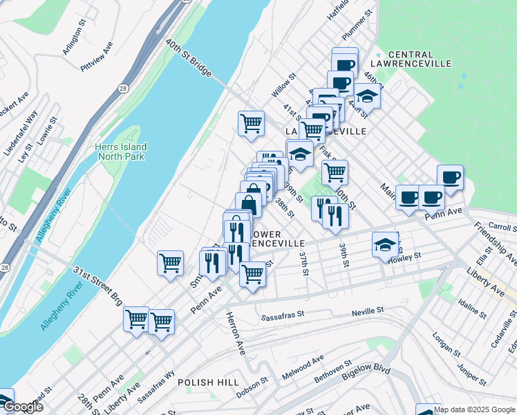 map of restaurants, bars, coffee shops, grocery stores, and more near in Pittsburgh